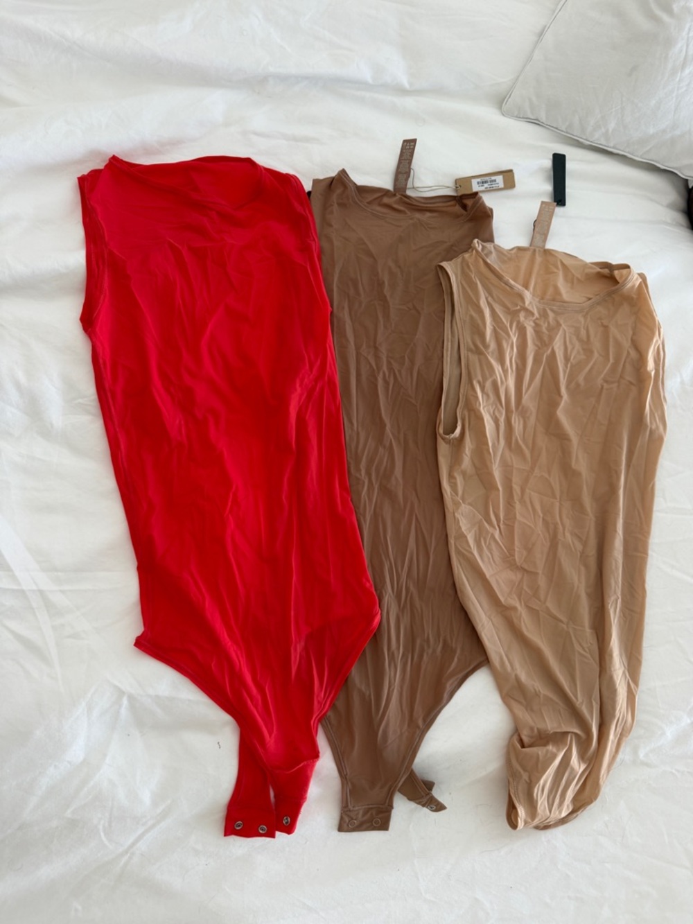 SKIMS Red + Tan + Beige Sleeveless Bodysuit Trio